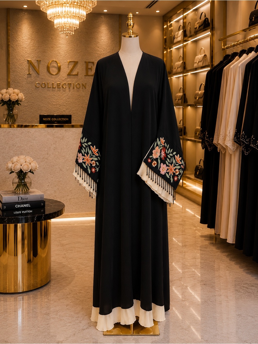 Noze Collection Black Embroidered Abaya with Cream Trim
